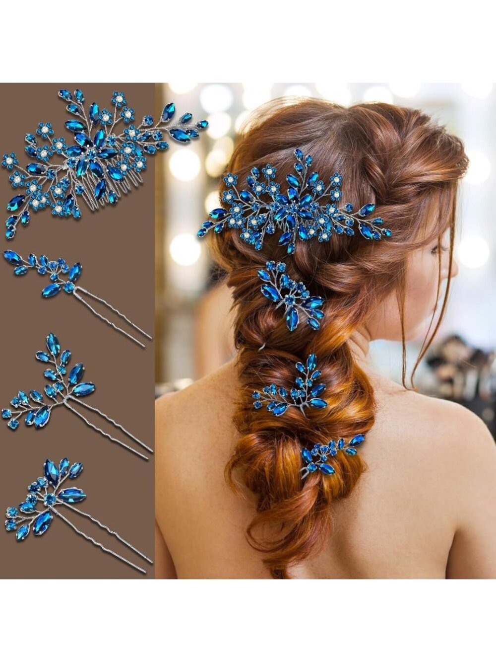 Women's Blue Rhinestone Copper Bridal Headpiece Floral SOLID Hair Clips